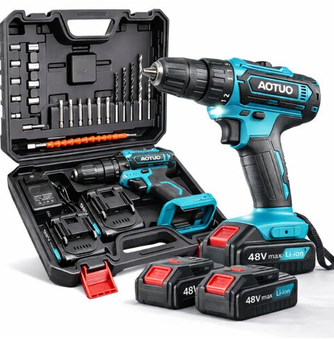 48V cordless drill, two lithium-ion batteries and fast charger, 3/8-inch drill kit, 25+ 3-position clutch, LED work light, variable speed drill, 256 pounds of torque, 24 accessories